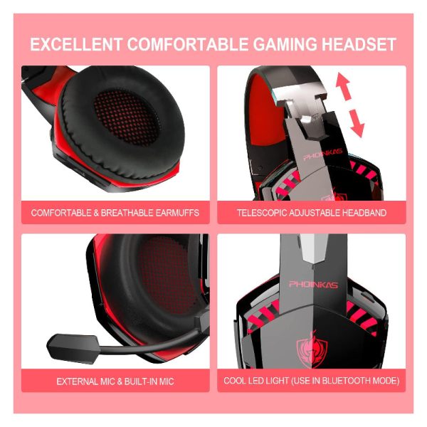 PHOINIKAS G2000BT Gaming Headphones with Adapter - Red For Sale