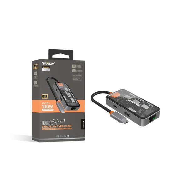 XPower HU62 6 In 1 Type-C Hub - 100W   USB   HDMI   Type-C   RJ45 - Transparent Grey Online now