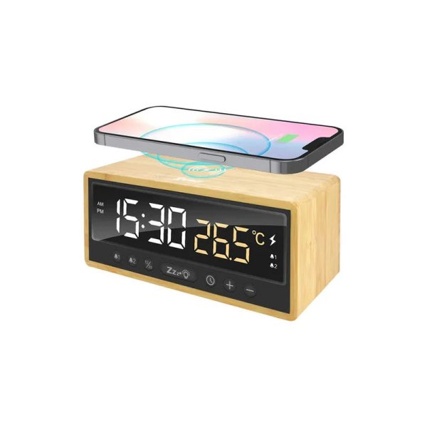 XPower QIC5 4 In 1 Bamboo Alarm Clock With Wireless Charger - 15W   Brown Online Sale