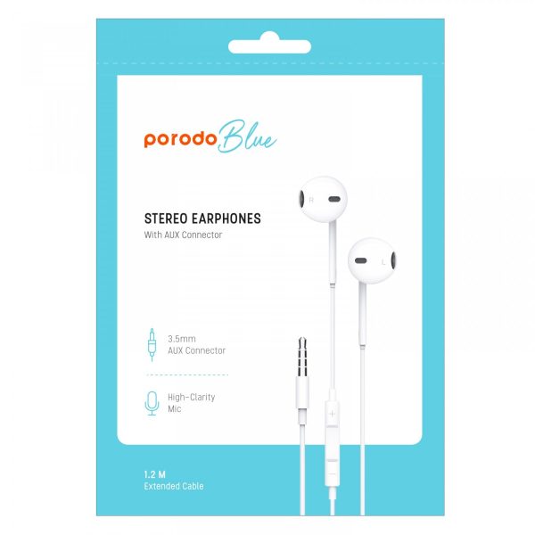 Porodo Blue Stereo Earphones With AUX Connector 1.2M 3.5mm - White Sale