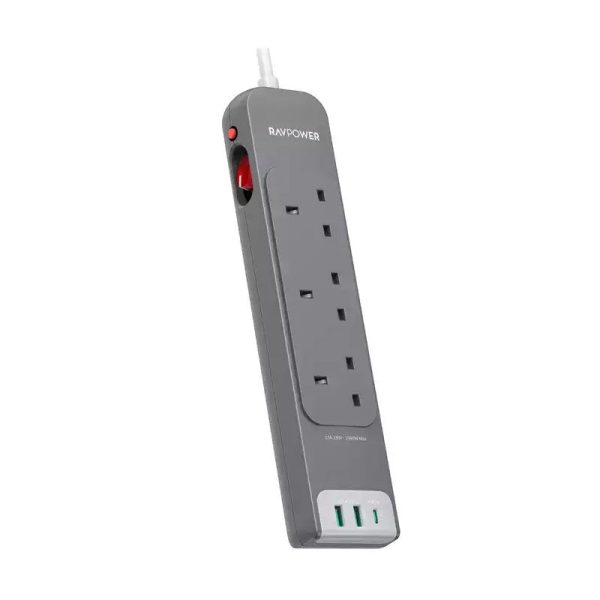 RAVPower Wall Charger 30W Power Strip UK - 3M   USB-A   Type-C - Gray Discount