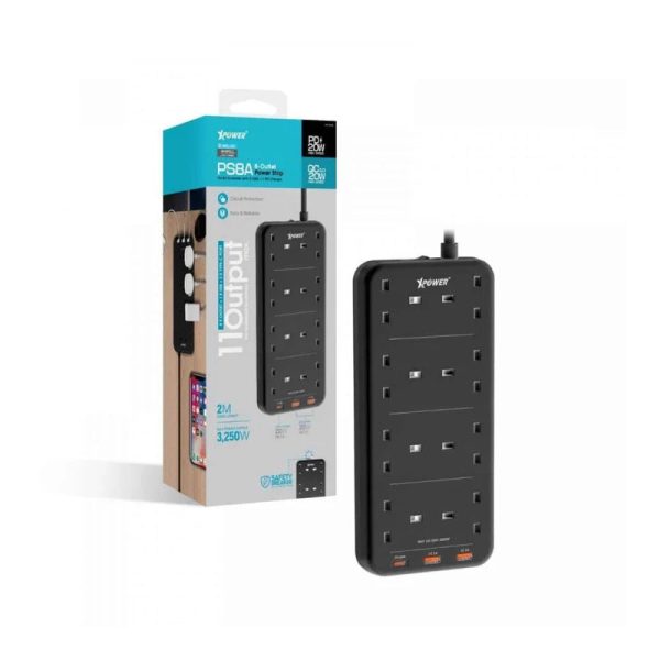 XPower PS8A 11 Output Sockets Power Strip - 3250W   1 x Type-C   2 x USB 3.0   Black Supply