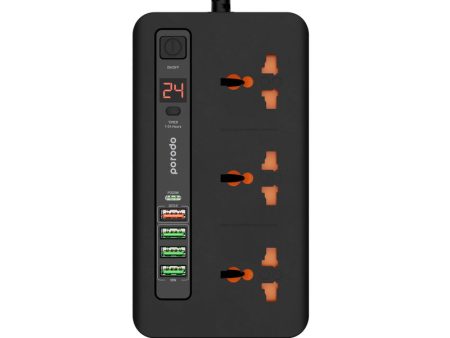 Porodo Multi-Port Super HUB 2 USB-C  4 USB-A Universal AC Sockets - 3 Meter   Black Supply